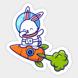 Cute Rabbit Astronaut Dabbing And Flying With Carrot Rocket Sticker